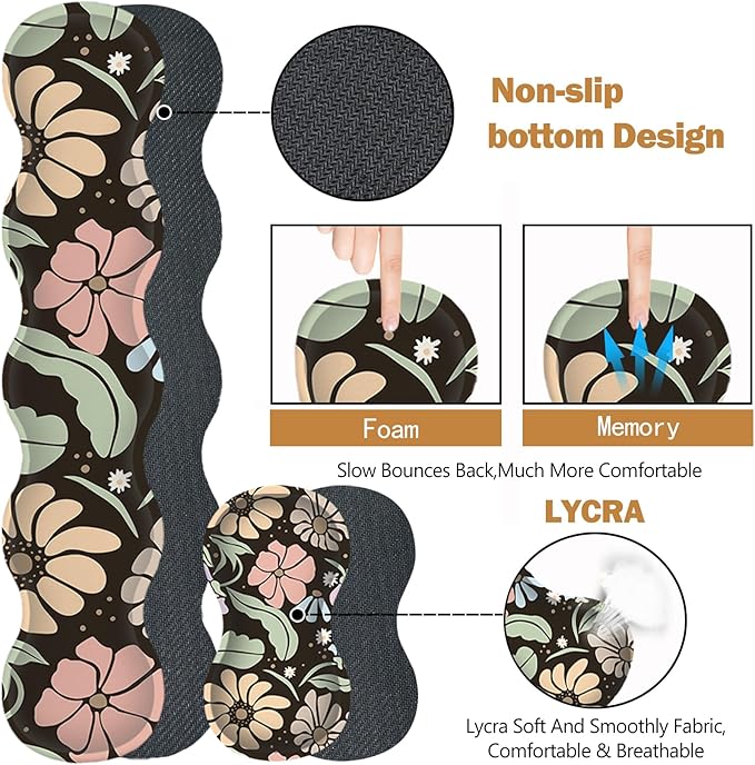 ARTSO Keyboard Wrist Rest Large Mouse Pad Wrist Support,Black Floral 4in1 Keyboard Pad Desk Mat,Ergonomic Memory Foam Wrist Support Cushion for Home Office