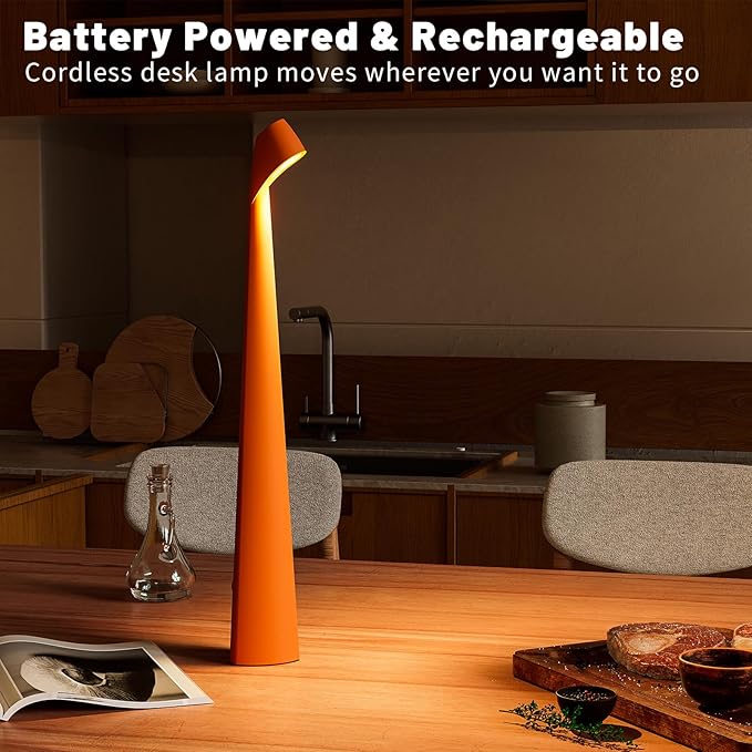 Portable Cordless LED Desk Lamp, Rechargeable Wireless Table Lamp, 3-Level Brightness, Patio & Bedside Night Light, Dining Room Ambient Reading Light (Orange)