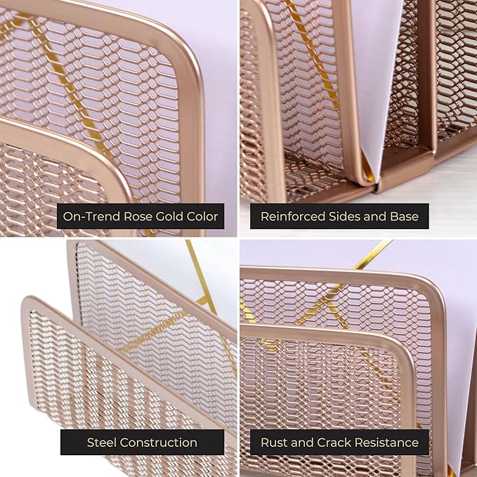 Blu Monaco Rose Gold Metal Mesh Letter Sorter – 3-Slot Mail Organizer for Desk, Office & Home – Space-Saving Vertical Mail Holder for Envelopes, Documents & Files – Modern Desk Organizer