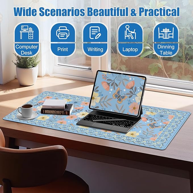 Blue Floral Desk Mat, Large Desk Matt for Desktop, Cute Women Deskpad Mat, XXL Big Mouse Pad for Deskpc, Anti-Slip Mousepad with Stitched Edges, Keyboard Pad Mouse pat Cover for Computer 35.4×15.7 in