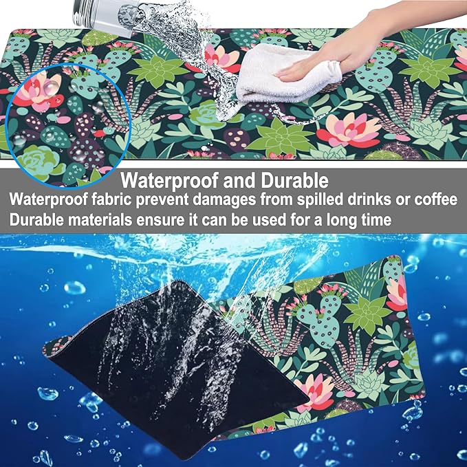 Mouse Pad, Large Succulents and Cactuses Desk Mat, Extended Non-Slip Gaming Keyboard Mousepad Desk Pad, Thick Stitched Edges Waterproof Mouse Mat 31.5"x15.7" (Tropical Plants)