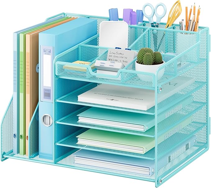 Lavatino 5-Tier Desk Organizer with 2 File Holders, Metal Adjustable Paper Letter Tray for Office or Home Desk Organizers and Accessories | 7 Flexible Dividers Keep Workspace Supplies Neat, Blue
