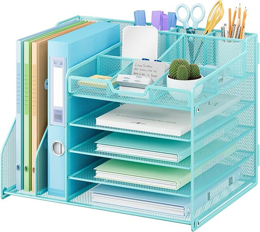 Lavatino 5-Tier Desk Organizer with 2 File Holders, Metal Adjustable Paper Letter Tray for Office or Home Desk Organizers and Accessories | 7 Flexible Dividers Keep Workspace Supplies Neat, Blue