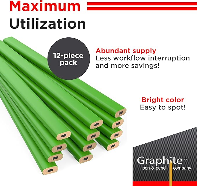 GRAPHITE Hard Lead Carpenter Pencil #2 Lumber Pencil (1) Pack of 12 PCS - Industrial Pencil Wood Flooring Marker for Wood Working Tools Marking & Concrete Marking - Neon Green