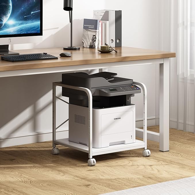 20 Inches Deep Large Printer Stand, 2 Tier Under Desk Printer Table with Height Adjustable Shelf, Rolling Printer Cart with Wheels for Home Office Storage - White