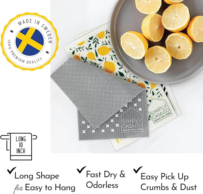 Long 5‑Pack Swedish Dishcloths – Reusable, Cellulose Sponge Dish Cloths for Washing Dishes, Paper Towel Replacement, Plastic-Free Packaging, Super Absorbent