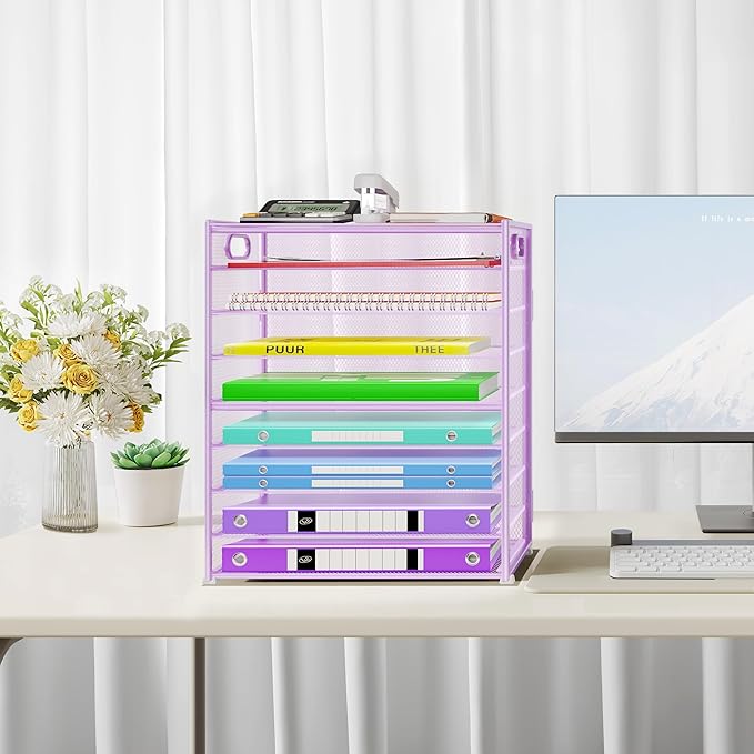9 Tier Paper Organizer with Handle, Large Capacity Desk Organizer Mesh Paper Letter Tray File Folder Document Sorter for Classroom and Office Accessories Organization- Purple (2 Pack)