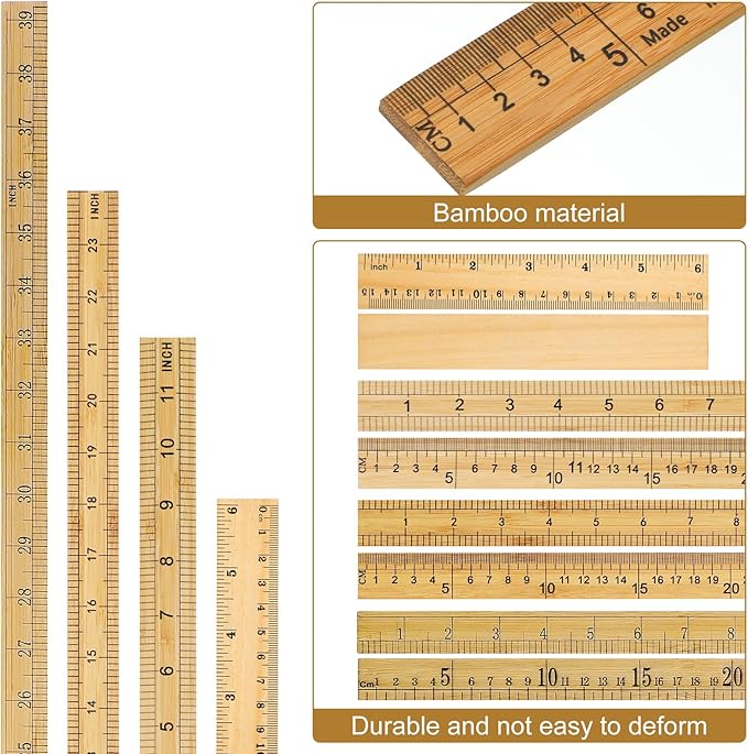 Fulmoon 12 Pieces Wood Double Sided Meter Stick Yard Stick Thick Wooden Ruler Yardsticks Bulk for School Classroom Home Office Kids Measuring Meterstick(39", 12", 24", 6")