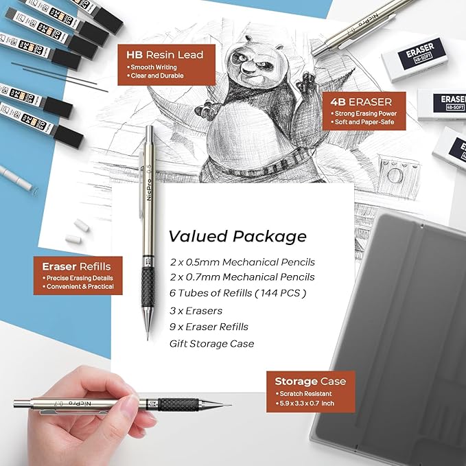 Nicpro Art Mechanical Pencil Set in Case, 4 PCS Metal Drafting Pencil 0.5 mm & 0.7 mm, Lead Pencil with 6 Tube HB Lead Refills, 3 Erasers, 9 PCS Eraser Refills for Artist Writing, Drawing, Sketching