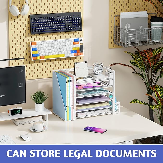 Simple Trending 6 Tier Desk File Organizer, Paper Letter Tray Organizer with File Holder and Pen Container, White