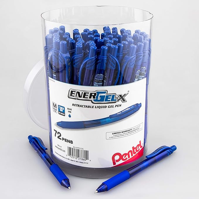 Pentel EnerGel-X Retractable Gel Pen, (0.7mm) Med. Line, Blue Ink, 72-PK Canister (BL107PC72C)