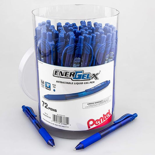 Pentel EnerGel-X Retractable Gel Pen, (0.7mm) Med. Line, Blue Ink, 72-PK Canister (BL107PC72C)