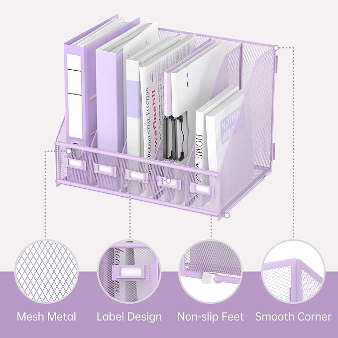 SUPEASY Desk Organizers Metal Desk Magazine File Holder with 5 Vertical Compartments Rack File Organizer for Office Desktop, Home Workspace, Purple Plus
