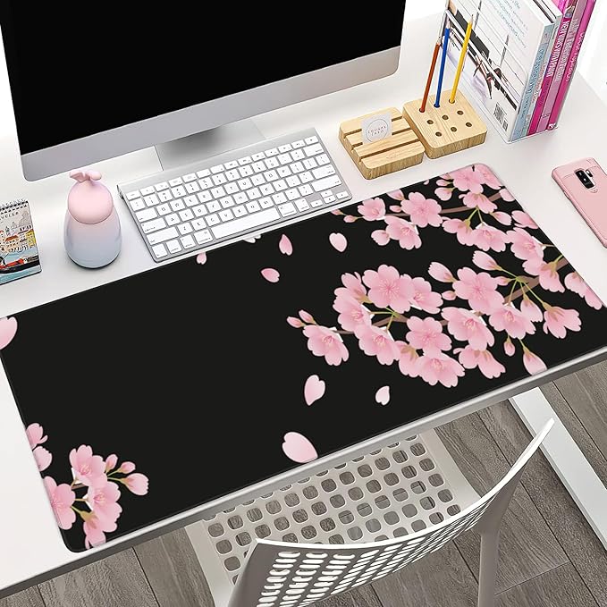 Desk Pad, Pink Cherry Blossoms Extended Large Gaming Mouse Pad for Desk XXL, Large Desk Mat for Desktop with Non-Slip Rubber Base Stitched Edges for Computer Keyboard Home Office 35.4"X15.7"