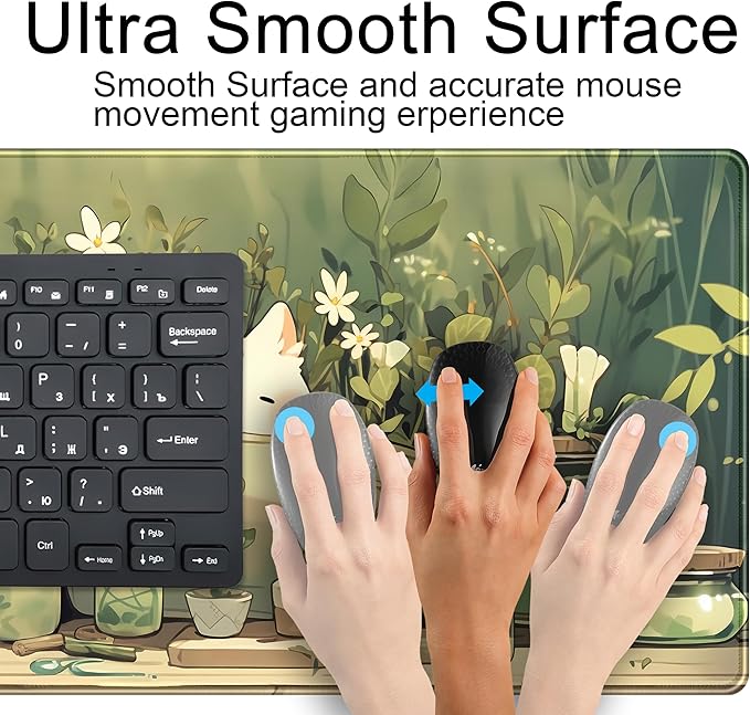 Cute Desk Mat Green Plant Cat Kawaii Sage Mouse Pad Gaming XXL Large Mousepad Extended Desk Matt for Desktop, Laptop Computer Keyboard Mouse Mat for Women Office Decor Accessories 31.5''x15.7''