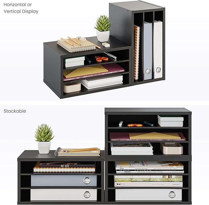 Ballucci Paper Organizer, 3-Tier Stackable Wood Desk Organizer, Document File Organizer and Mail Sorter with Adjustable Storage Shelves, Black