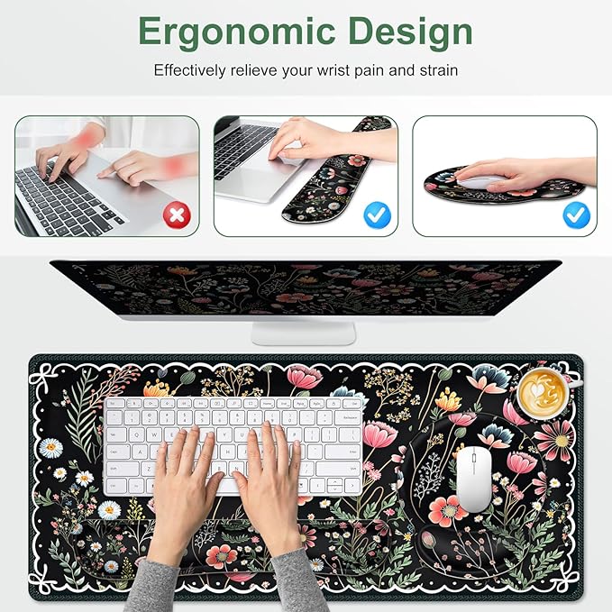 Flower Desk Mat, 4in1 Large Mouse Pad with Wrist Rest, Desk Matt for Desktop, Desk Pad Mat, Anti-Slip XXL Computer Ergonomic Mousepad with Wrist Support for Keyboard and Mouse I Black Florals Weeds