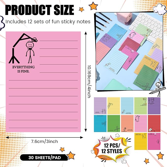 12 Pcs Funny Sticky Notes for Work 4x3 Inches Sarcastic Self Adhesive Notepads Novelty Memo Note Pads for Office Coworker Gifts Employee Appreciation Supplies(Stick Man,Bright Color)