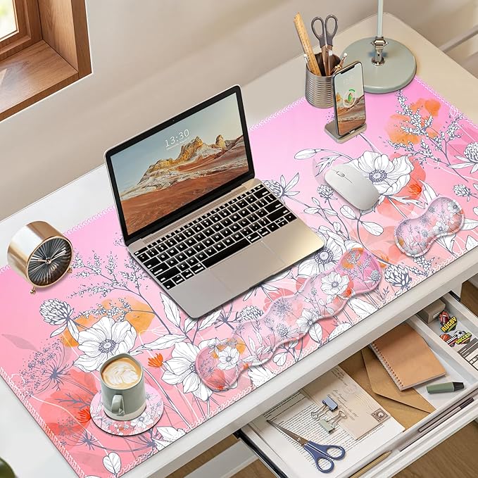 Gaming Mouse Pad Keyboard Wrist Support, 4 in1 Mousepad with Wrist Keyboard Rest, Computer Desk Mat, Non-Slip Desk Pad Protector with Memory Foam Easy Typing Pain Relief I Pink Flowers