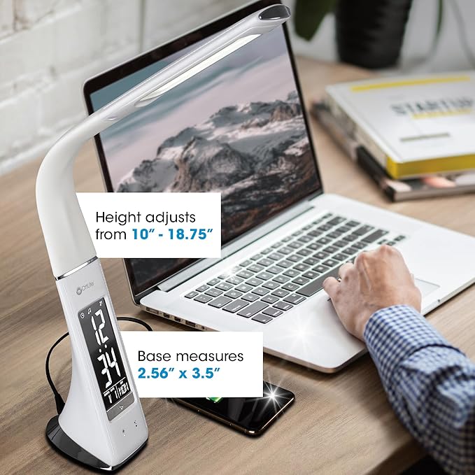 OttLite Thrive LED Sanitizing Desk Lamp with Clock and USB Charging - Eliminates up to 99.9% of Bacteria, Touch Activated, Flexible Neck, Modern Light for Reading, Crafting & Office Desktop