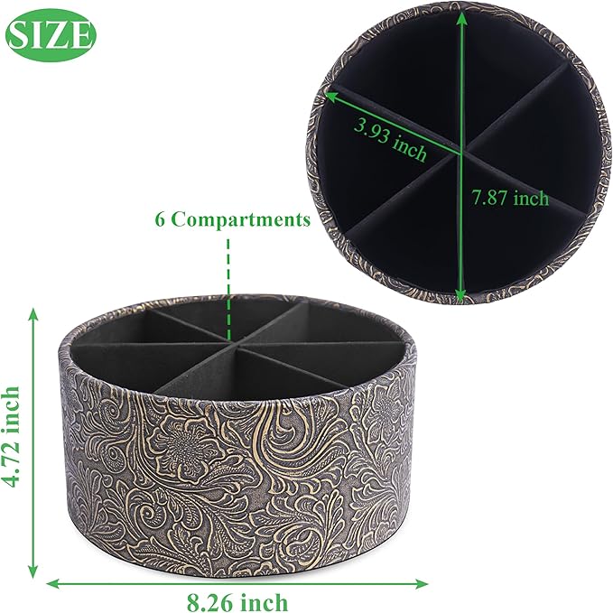 lizimandu Remote Control Holder, 360°Spinning PU Leather Desk TV Remote Caddy,Desk Storage Box Room Accessories for Controller, Media,Mail,Calculator, Mobile Phone,Pencil(1B-Carved Cooper Gold)