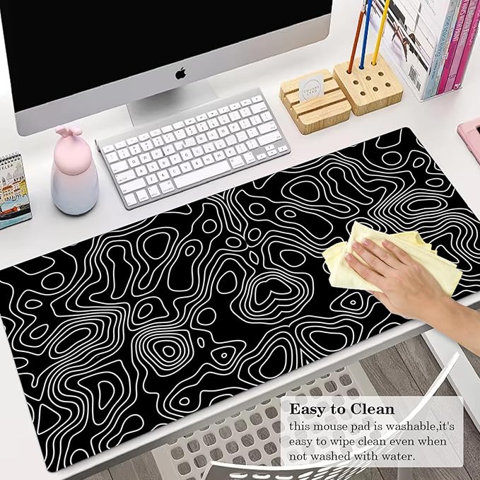 Black Topographic Desk Pad Protector, Stitched Edges Mouse Pad, Large Office Desk Mat, Non-Slip Desk Blotter, Laptop Desk Pad, Desk Writing Pad for Office and Home (31.5" x 15.7 ")