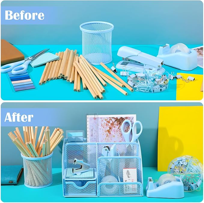 11 in 1 Blue Desk Organizer and Accessories, Blue Desk Accessories Light Blue Office Supplies Include Blue Stapler Blue Tape Dispenser Pen Holder Staple Remover Clips Ruler Scissors Tapes Tabs
