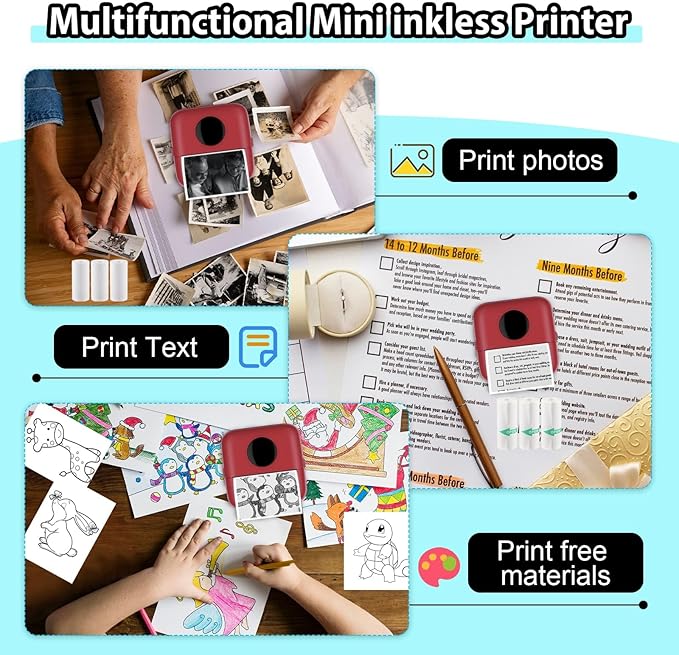 HuiJuKeJi Mini Sticker Printer Bluetooth Smart Pocket Inkless Thermal Printer with 11 Rolls Thermal Paper and Sticker for iOS&Android, Portable Receipt Printer for Photo Note Memo (Brown red)