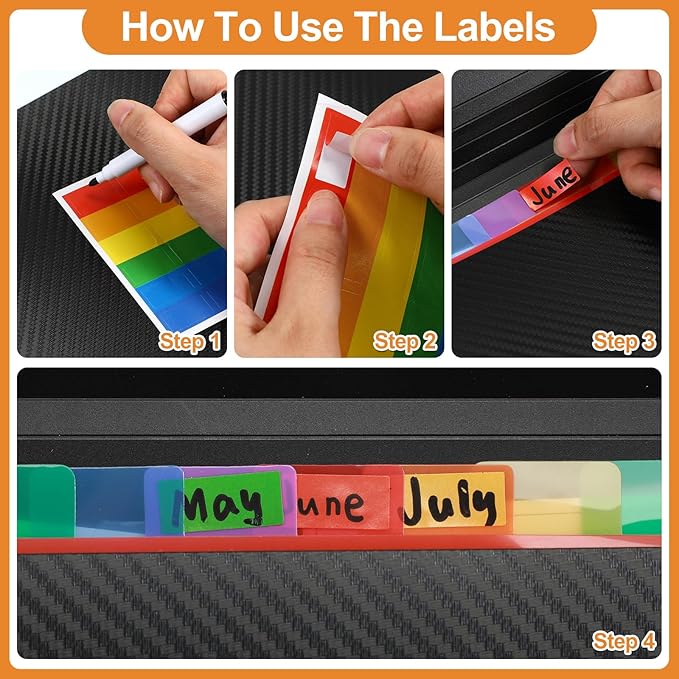 Patelai 6 Pack File Folder Organizer 13 Pocket Expanding File Folder A4 Letter Size Paper Document Receipt Organizer with Labels and Colored Inside Pages for Classroom, Home, Office and Travel, Black