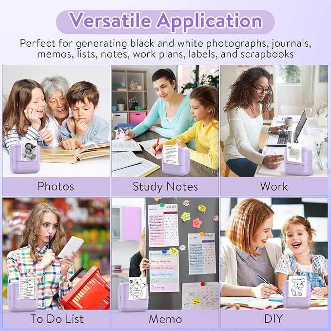 HuiJuKeJi Mini Sticker Printer Bluetooth Smart Pocket Inkless Thermal Printer with 11 Rolls Thermal Paper and Sticker for iOS&Android, Portable Receipt Printer for Photo Journal Notes Memo