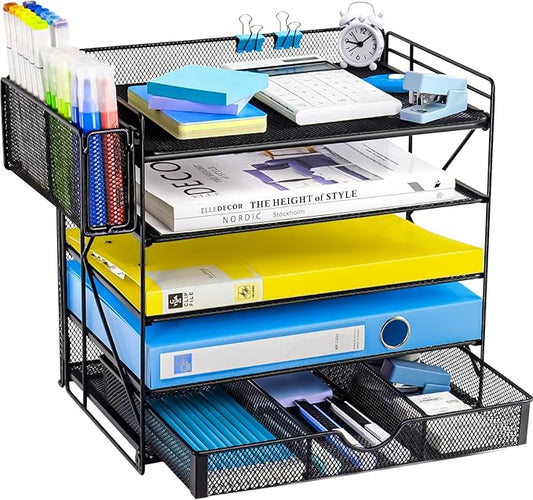 Desk Organizer with Mesh File Holder, Paper Letter Tray with 5 Tier Racks Shelves, 1 Sliding Drawer and Extra Pen Holder for Office Supplies (KPD Black)