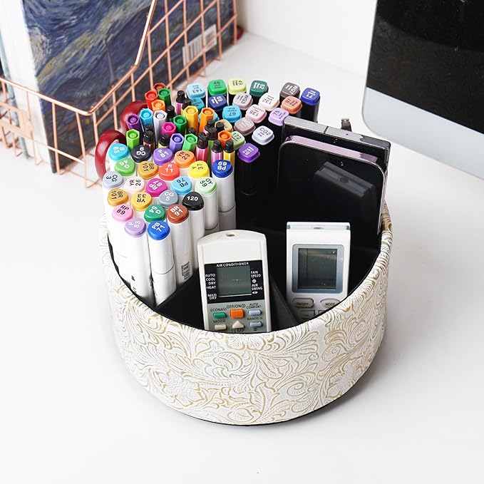 lizimandu Remote Control Holder, 360°Spinning PU Leather Desk TV Remote Caddy,Desk Storage Box Room Accessories for Controller, Media,Mail,Calculator, Mobile Phone,Pencil(1B-Carved White Gold)