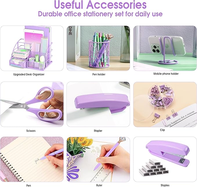 Purple Desk Organizers and Accessories Office Supplies Set Stapler, Pen Holder, Phone Holder, Scissors, Pen, Ruler, 30 Paper Clips, 22 Binder Clip, 20 Tacks and 1000pcs Staples