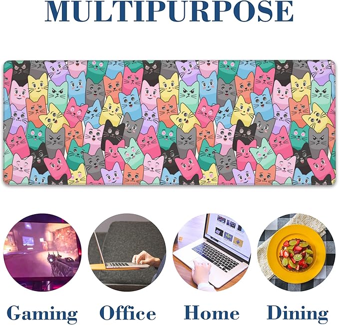 Colorful Cats Mouse Pad Desk Mat XL Large Gaming Mousepad Extended Computer Keyboard Mat with Non-Slip Rubber Base and Stitched Edge 11.8 x 31.5 Inch for Gaming and Office Work