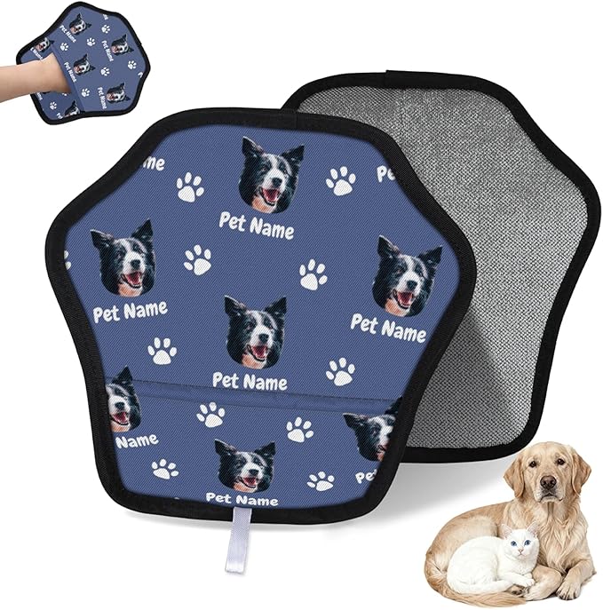 Personalized Pet Hair Remover Glove for Dogs & Cats - Custom Photo & Name Magic Brush for Dog Cat Hair Removal, Reusable Electrostatic Pet Hair Gloves for Furniture Carpet Couch, Face Paw Blue