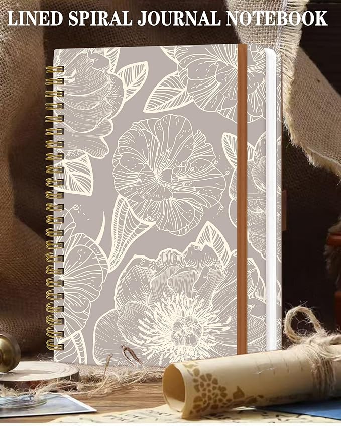Spiral Journal Notebook for Women, Hardcover A5 College Ruled Notebook, 120 Pages, Thick Paper, Cute Lined Journal for School, Office & Work, 6 x 8.4 in(Gray Flower)