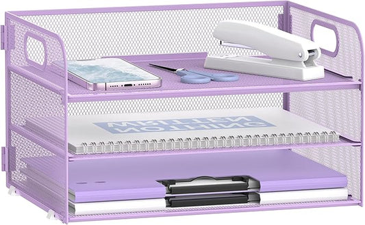Daltack 3-Tier Paper Organizer with Handle, Mesh Desk Organizer Letter Tray, Purple