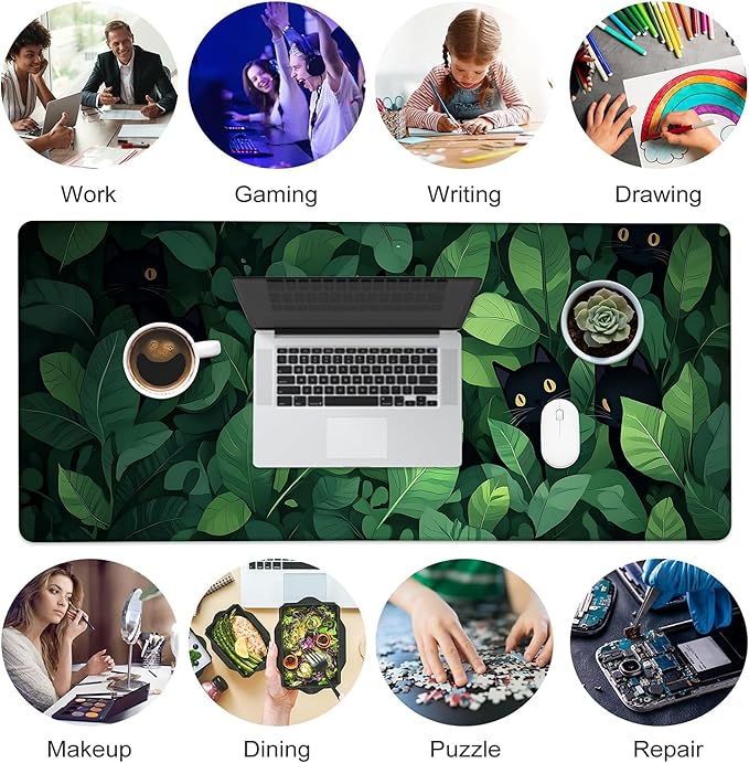 Desk Pad, Cute Anime Cats in Green Leaves XXL Gaming Mouse Pad with Stitched Edges,Non-Slip Waterproof Rubber Base Large Desk Mat for Keyboard and Mouse 35.4"x15.7"