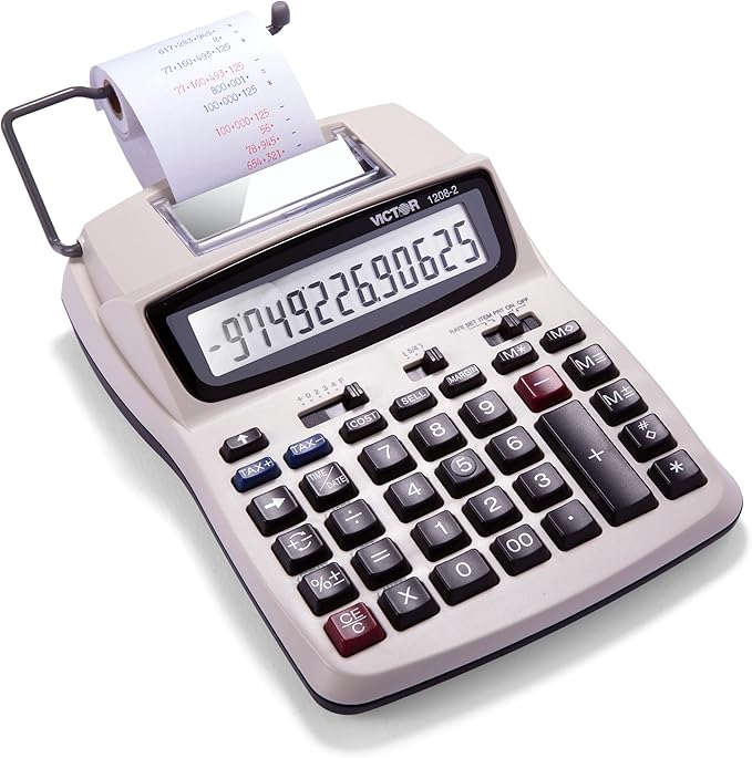 Victor Printing Calculator, 1208-2 Compact and Reliable Adding Machine with 12 Digit LCD Display, Battery or AC Powered, Includes Adapter,White