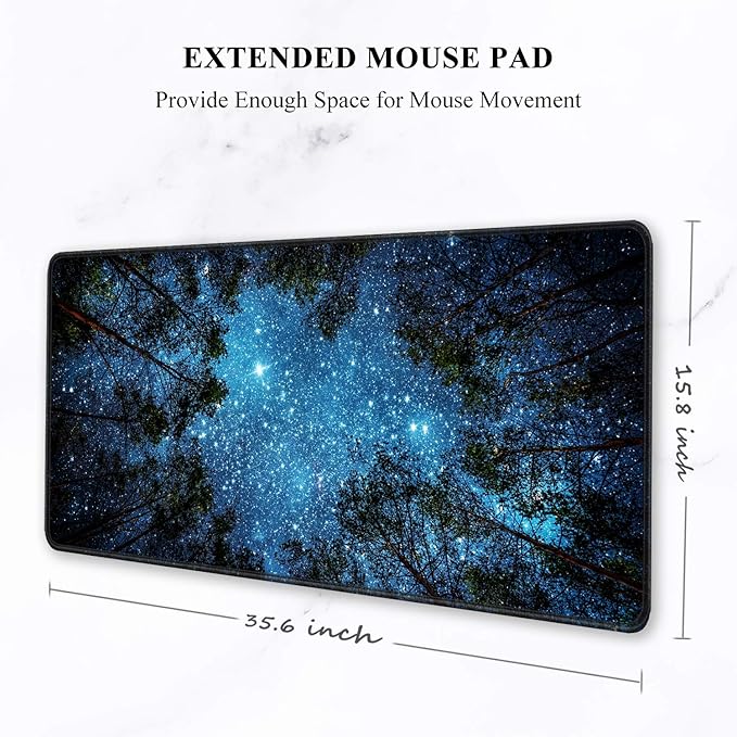Auhoahsil Large Gaming Mouse Pad, Nature Theme XXL 35.4 x 15.7 in Desk Pad Stitched Non-Slip Rubber Long Computer Mousepad Thin Extended Full Size Desk Mat for Desktop Laptop Wireless Mice, Night Sky