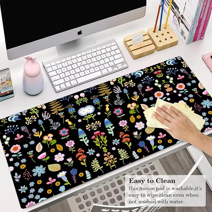 Flower Pad Protector, Floral Stitched Edges Mouse Pad, Large Office Mat, Non-Slip Desk Blotter, Laptop Desk Pad, Writing Pad for Office and Home (31.5" x 15.7")