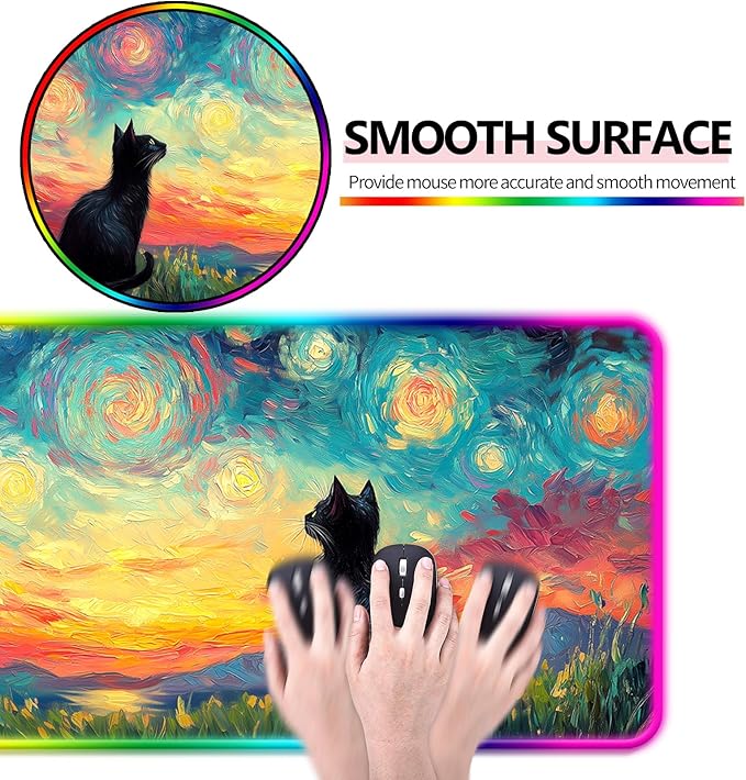 RGB Cute Black Cat Fantasy Starry Night Gaming Desk Mat, Computer Keyboard Large Extended Long Animal LED Mouse Pad for Office and Home, XL (W03)