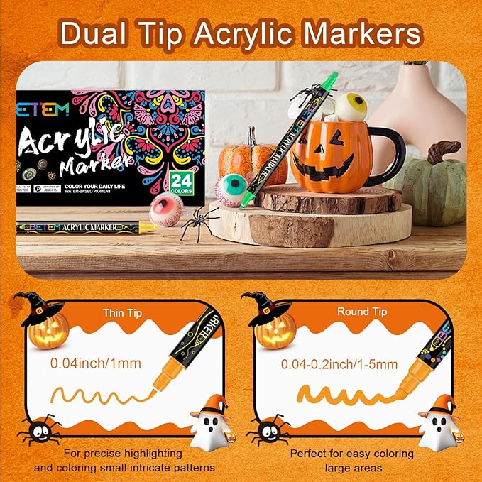 Betem 24 Colors Dual Tip Acrylic Paint Pens Markers, Premium Acrylic Paint Pens for Halloween Decorations, Wood, Canvas, Stone, Rock Painting, Glass, Ceramic Surfaces, Pumpkin Painting Kit DIY Crafts