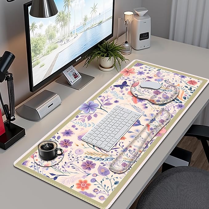 Cute Desk Mat, 4in1 Large Mouse Pad with Wrist Rest, Desk Matt for Desktop, Deskpad Mat, Anti-Slip XXL Computer Ergonomic Mousepad with Wrist Support for Keyboard and Mouse I Retro Purple Floral