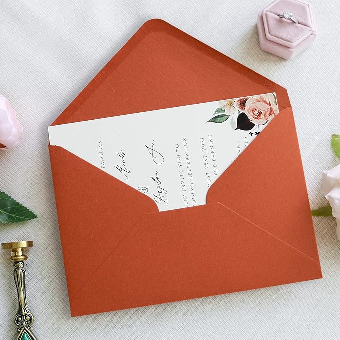PONATIA 50 Pieces/Lot A7 Envelopes, 5.35 x 7.5'' Burnt Orange Envelopes, Perfect For 5''x7'' Wedding Invitation Cards, Graduation Invite, Acrylic Invitations, Photos