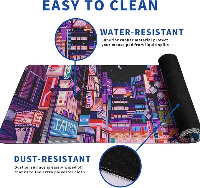 Dark Purple Japanese Gaming Mouse Pad Abstract Anime Mat 31.5x11.8 Inch Tokyo Pixel Street Texture Non-Slip Rubber Base Kawaii Mousepad Stitched Edges Keyboard Desk Pad for Office and Home Game