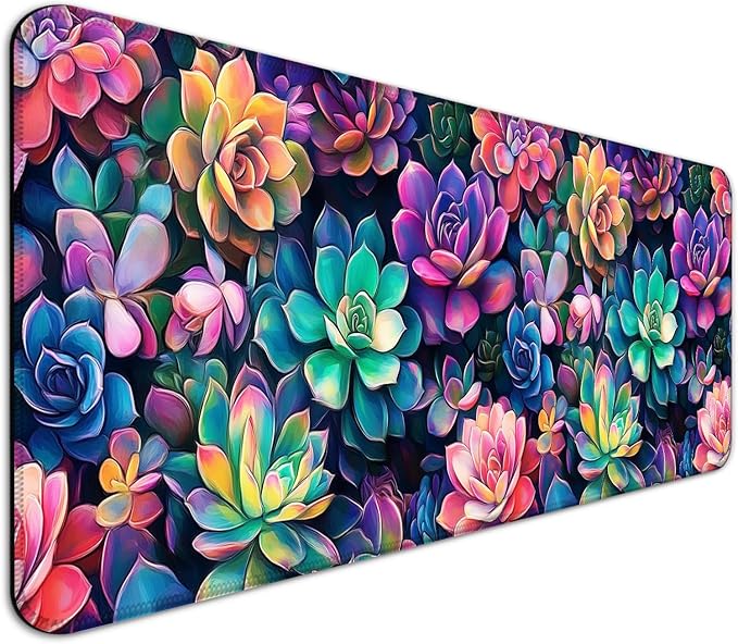 Colourful Succulent Plants Gaming Desk Mat, Extended Large Nature Aesthetic Mouse Pad, Computer Keyboard Laptop Mousepad for Work, Office and Home, XL