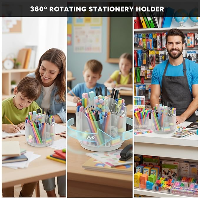 Spinning Desk Caddy Organizer Clear | 360 Rotating Desk Organizer Acrylic Pen Holder & Marker Organizers | 6 Slots Rotating Organizer & Spinning Organizer for Shops, Classroom, Vanity, Desk
