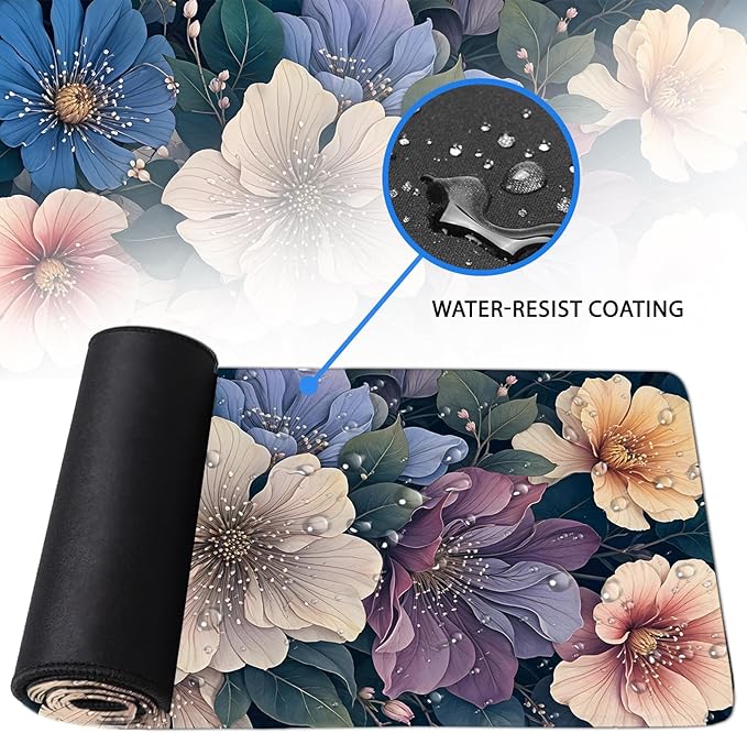 BlueFloral Gaming Mouse Pad, Large Computer Keyboard Mousepad, Flower Mouse Mat Big with Non-Slip Base and Stitched Edges, Birthday Gifts for Women Men, Long Desk Mat for Home Office 11.8”x 31.4” XL