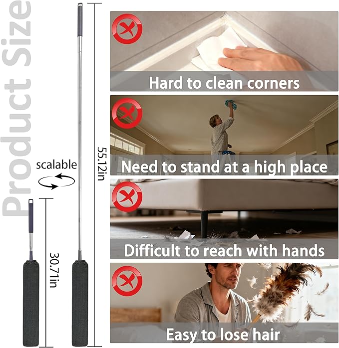 Yuibthr Retractable Gap Dust Cleaner Under Appliance Cleaning Tool with 5 Microfiber Dusting Cloths - Extendable Long Handle Flat Duster for Under Refrigerator Couch Bed Furniture